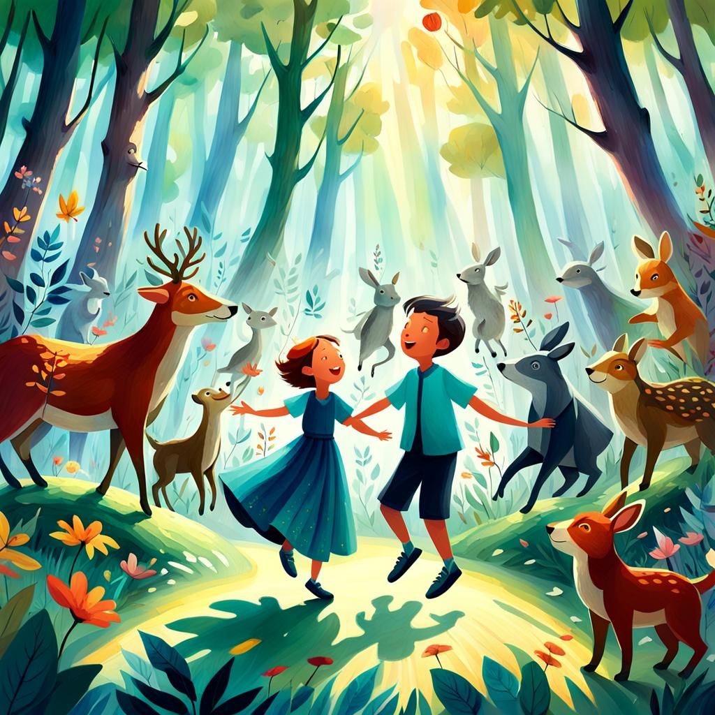 Whimsical Children's Illustration: Boy and Mother in Forest