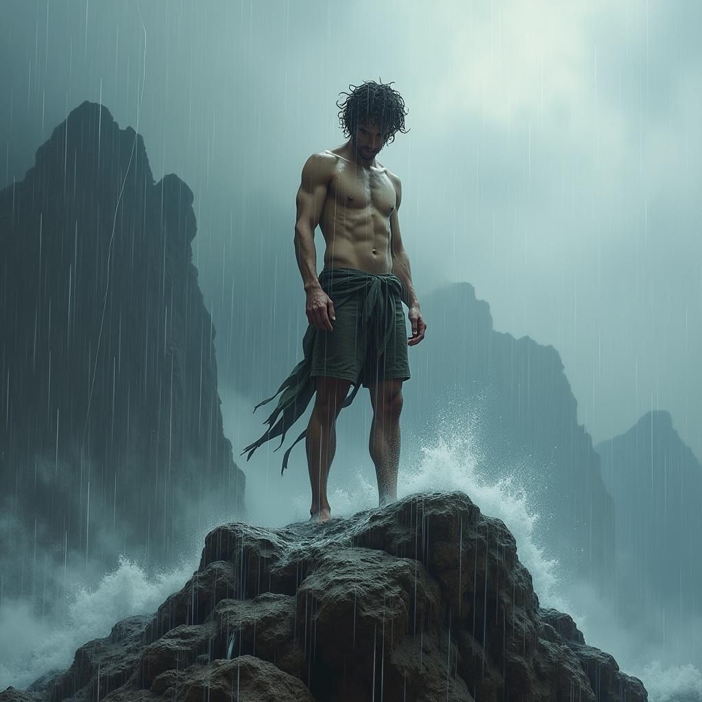 Windswept Figure in Mountain Storm: Dramatic Realism