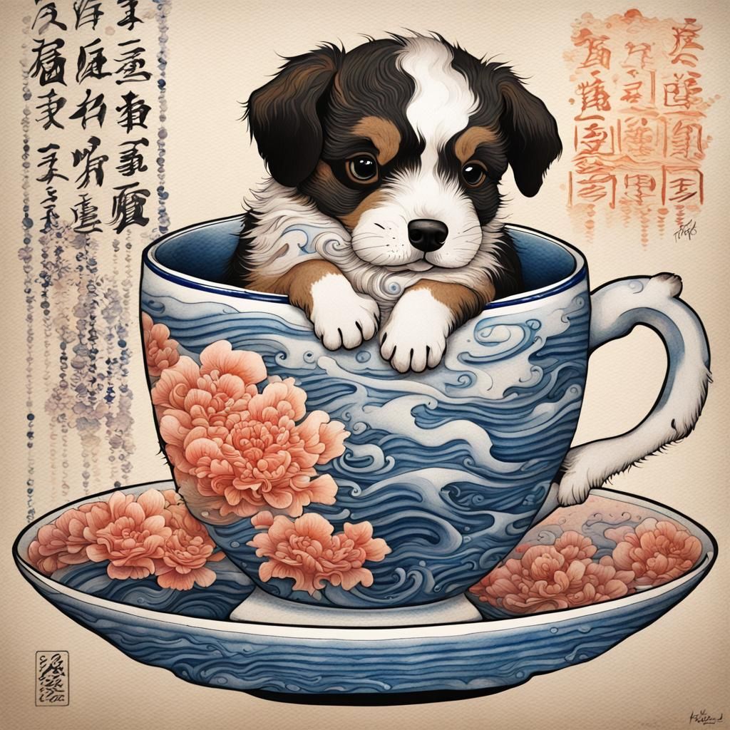 Puppy in Teacup, Hokusai Style Illustration