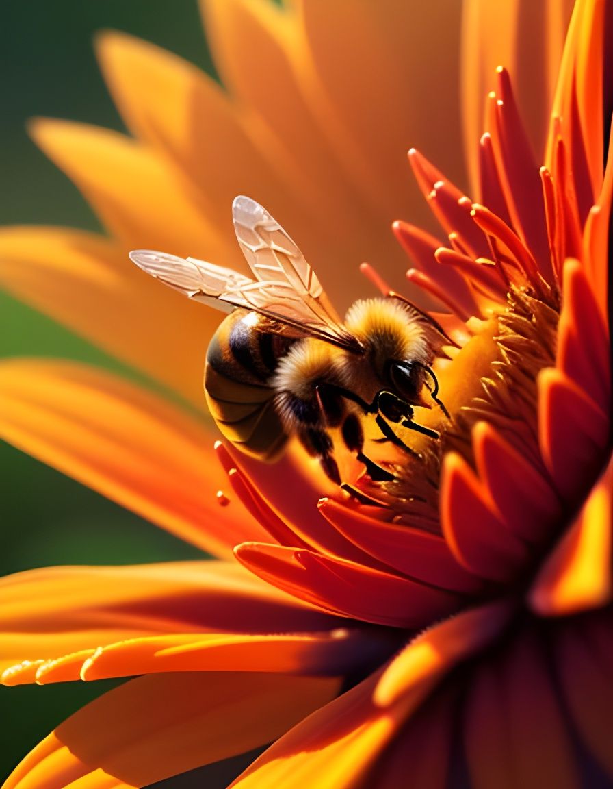 Bee and Magical Flower in Warm Sunlight