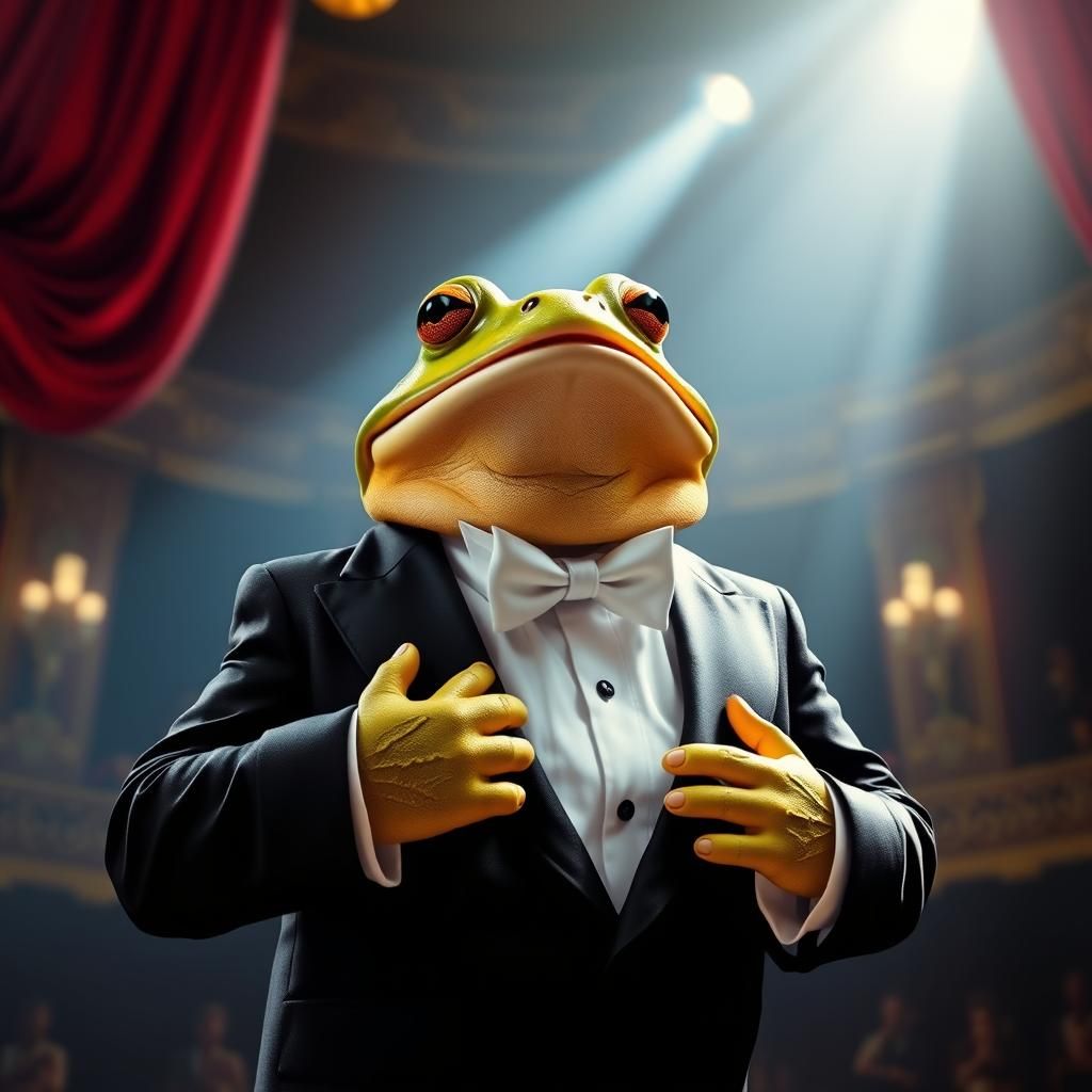 Regal Frog Sings Opera on Stage in Photorealistic Style