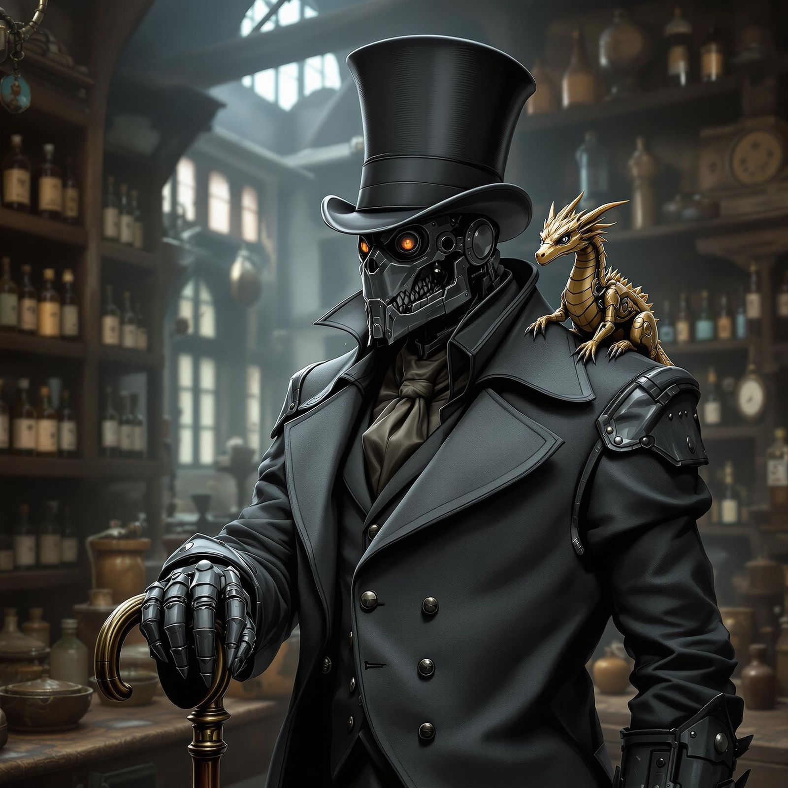 Steampunk Warforged with Robotic Dragon, Anime Style