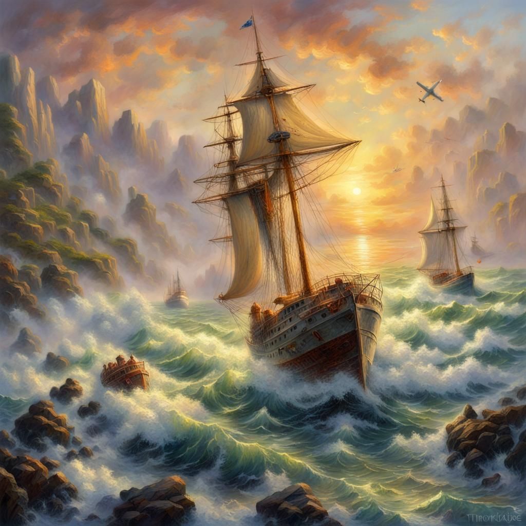 Sunrise Sea Storm: Sailing Boats in Peril