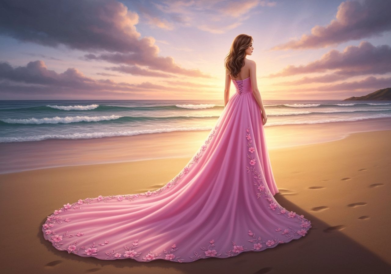 Woman in Pink Dress at Sunset Beach