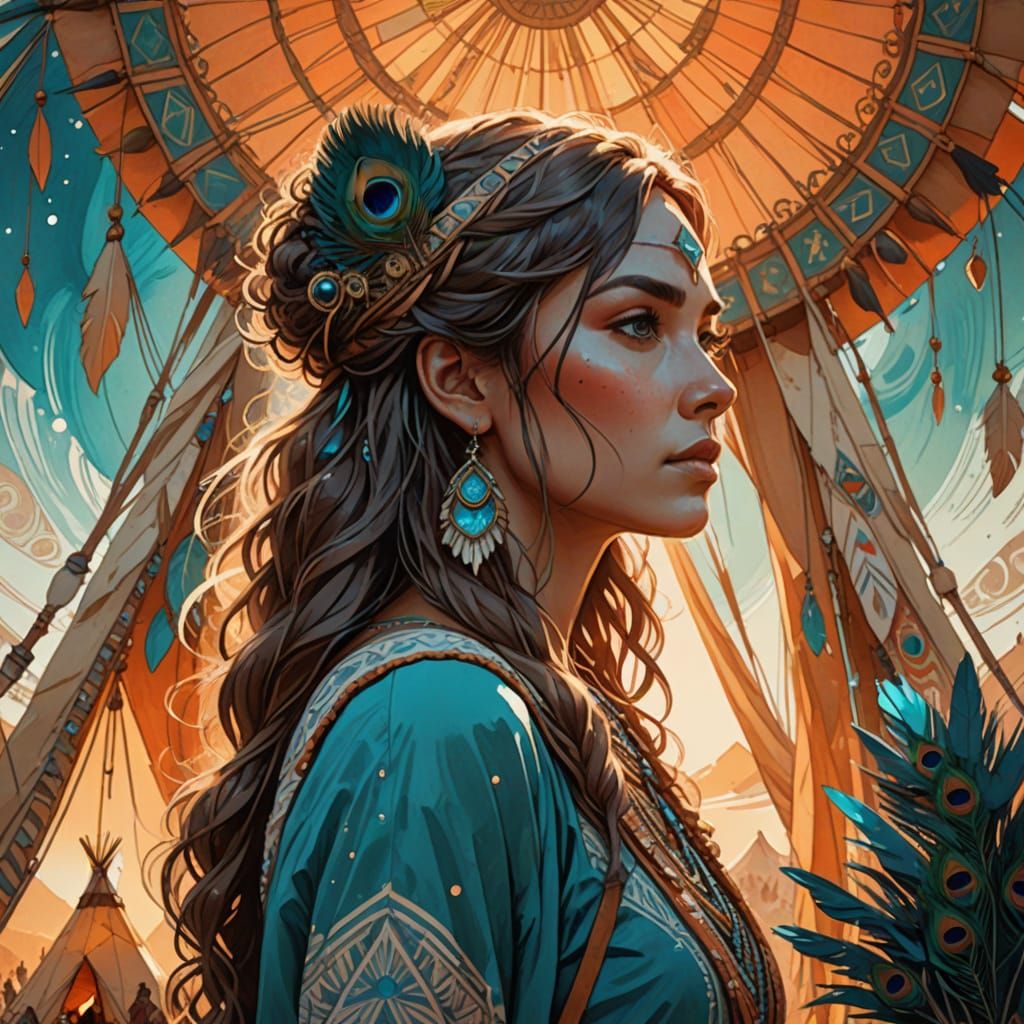 Watercolor Woman with Peacock Feathers and Tarot Cards