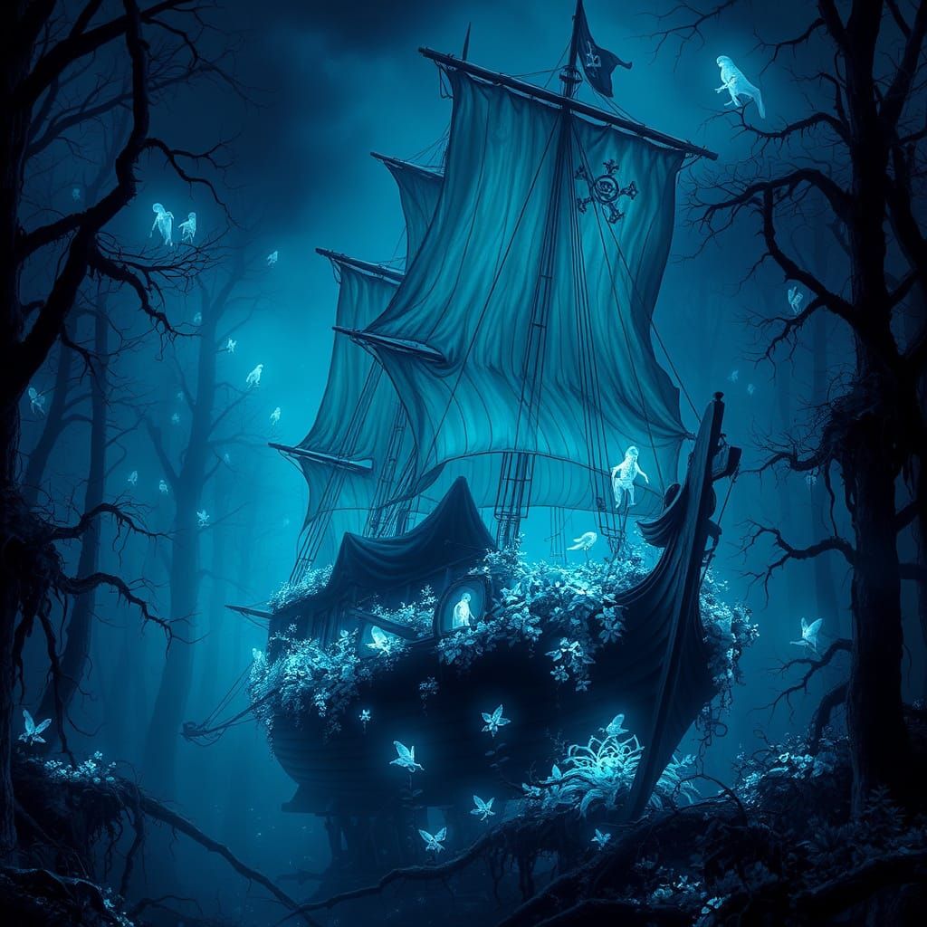 Ghostly Pirate Ship Sails Through Eerie Forest