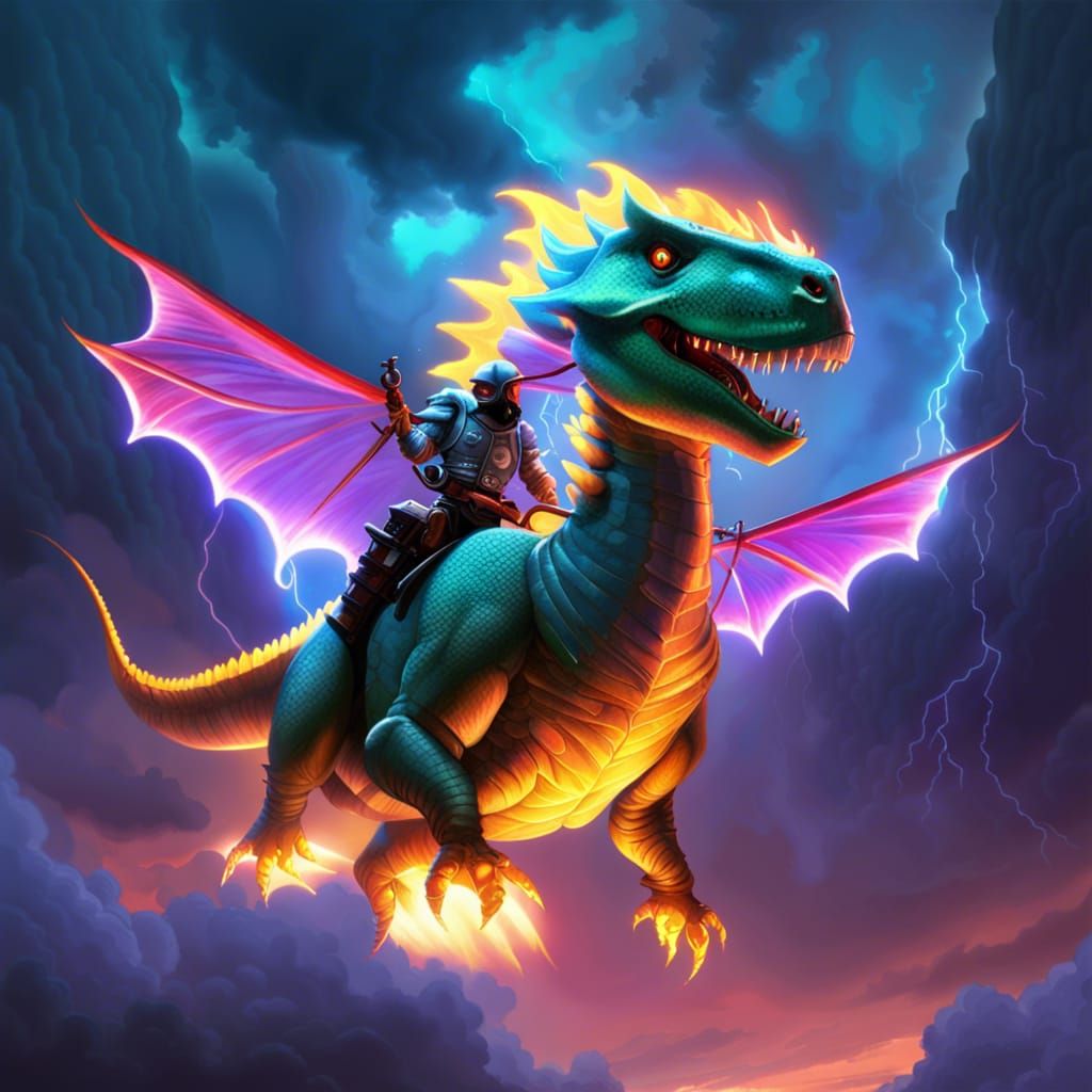 Winged Dino Rider in a Thunderstorm, Fantasy Art