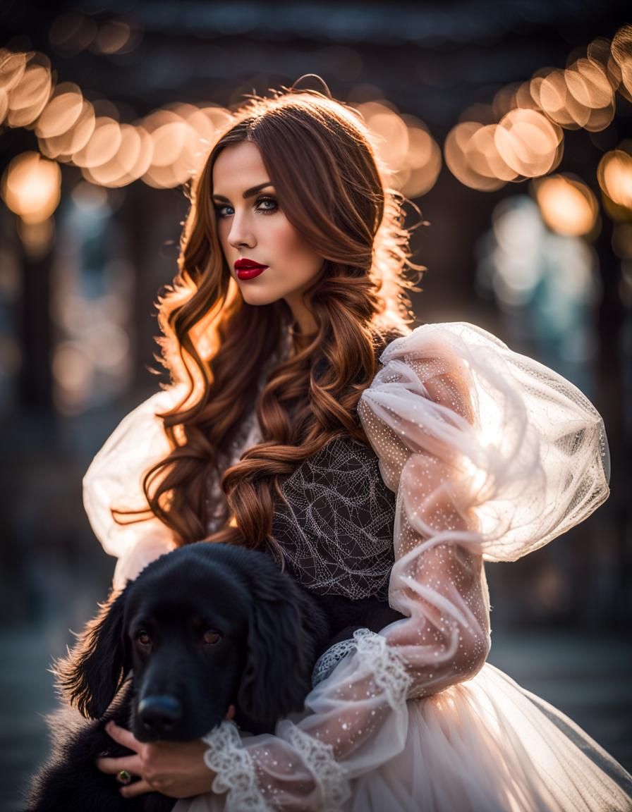 Elegant Woman in Sheer Blouse with Giant Dog