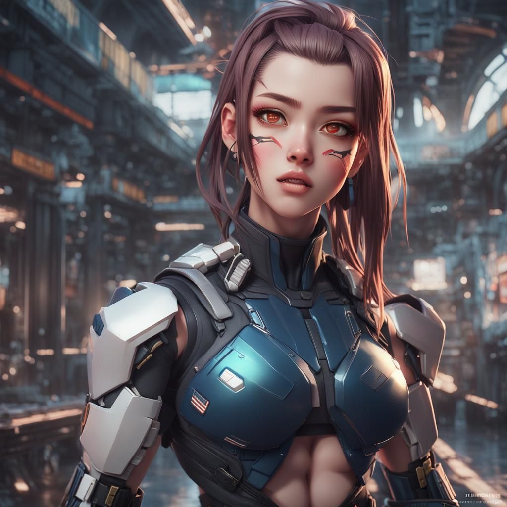 Muscular Futuristic Woman in Anime Style