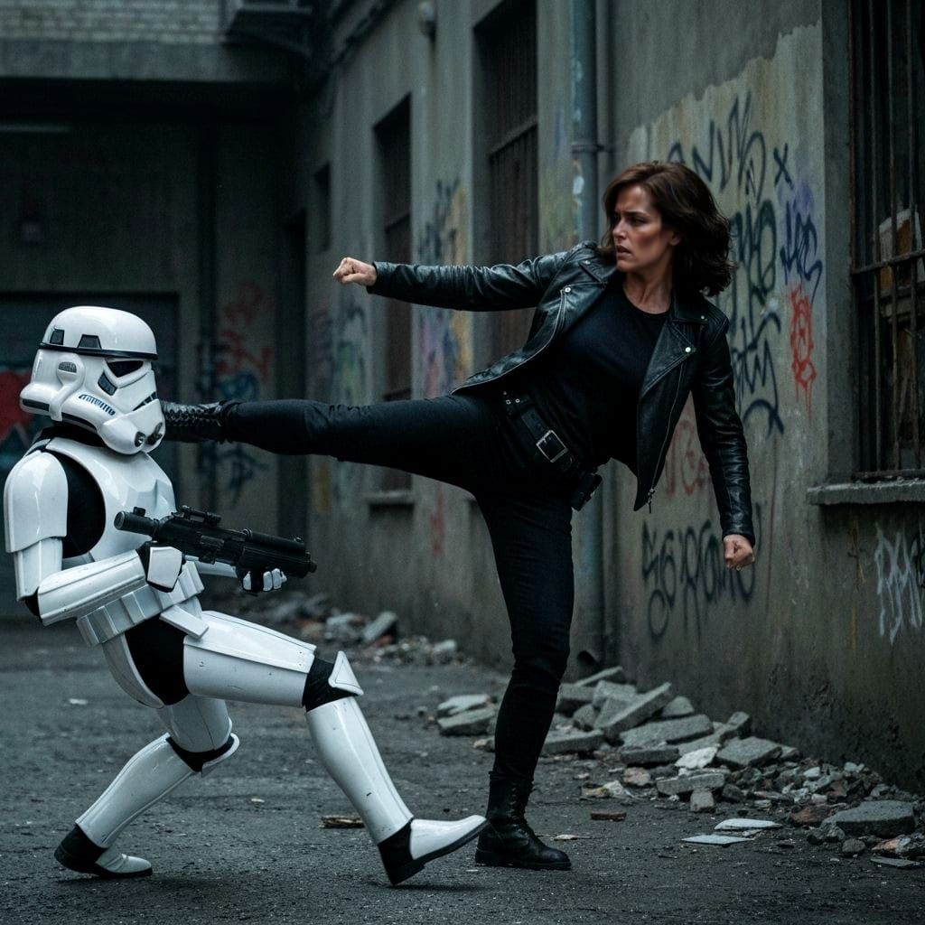 Sarah Connor Kicks Terminator: Dystopian Oil Painting