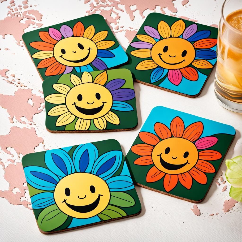 Smiling Flower Face Coasters: Abstract Art