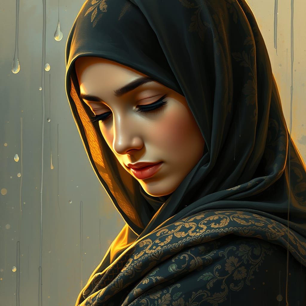 Serene Hijabi Woman in Golden Light, Abaya in Soft Rain