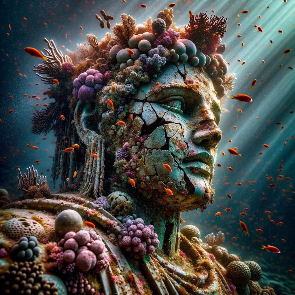Underwater Statue with Coral and Fish