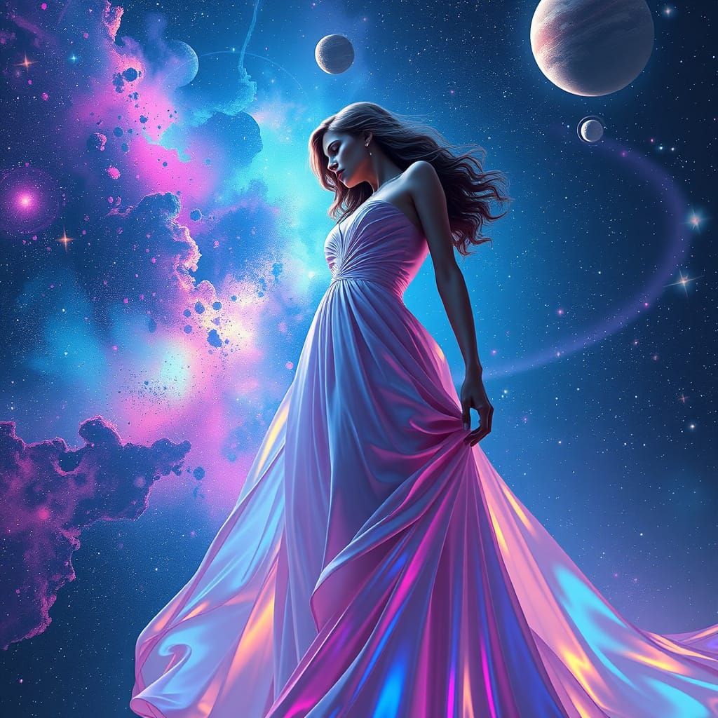 Woman in Iridescent Gown Surrounded by Starry Galaxy