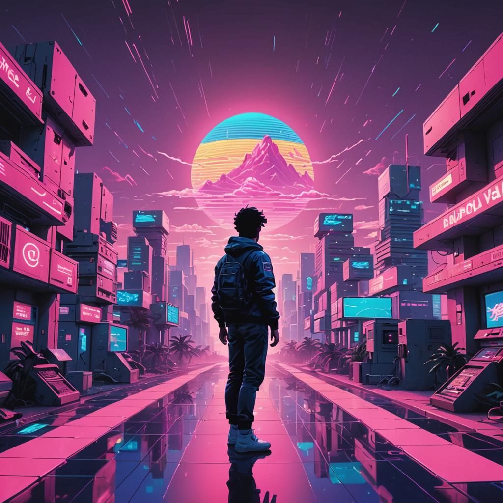 Vaporwave Cyberpunk Holographic Digital Artwork