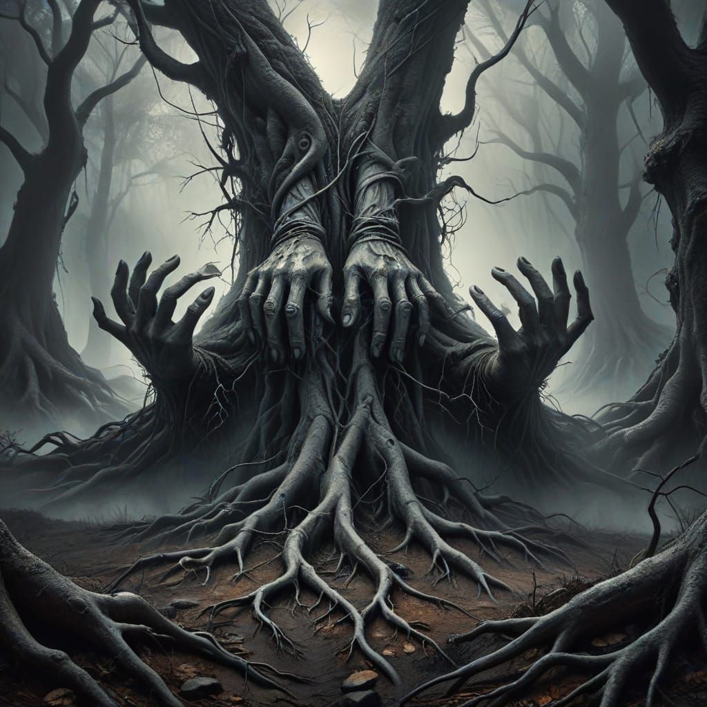 Eerie Forest: Tree Roots Morphing Into Hands