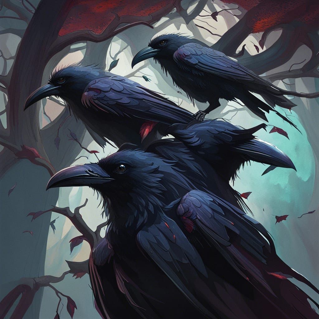 Sinister Crows Perched in Tree: Dark Portrait