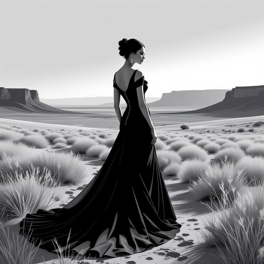 Elegant Woman in Monochromatic Landscape, Black and White Ph...