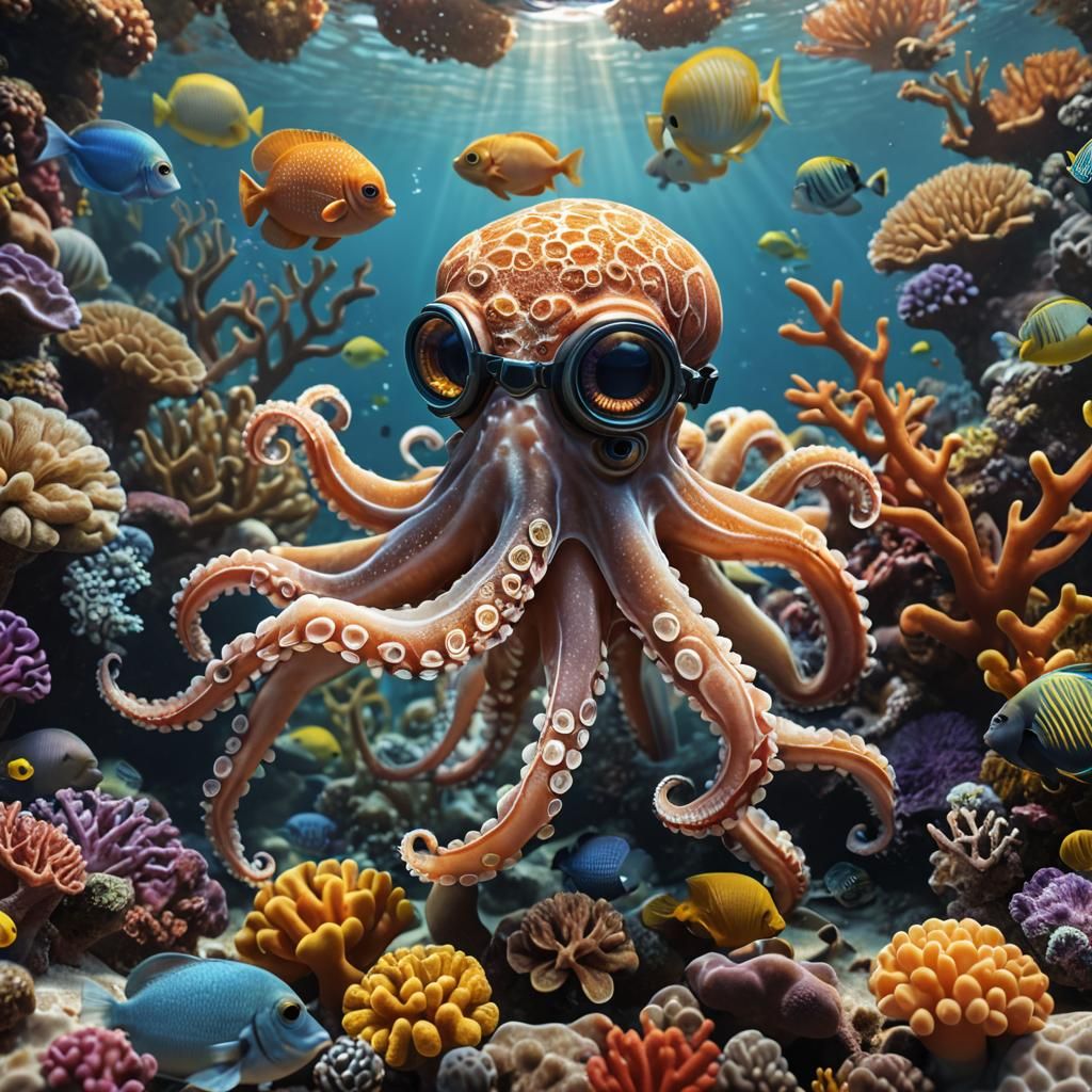 Baby Octopus in Scuba Gear: 3D Rendered Aquatic Adventure