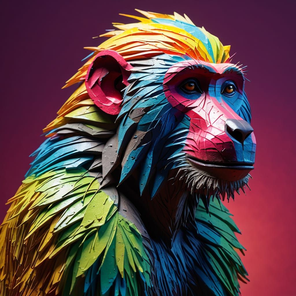 Vibrant Papier Mache Baboon in Hyperrealistic Style