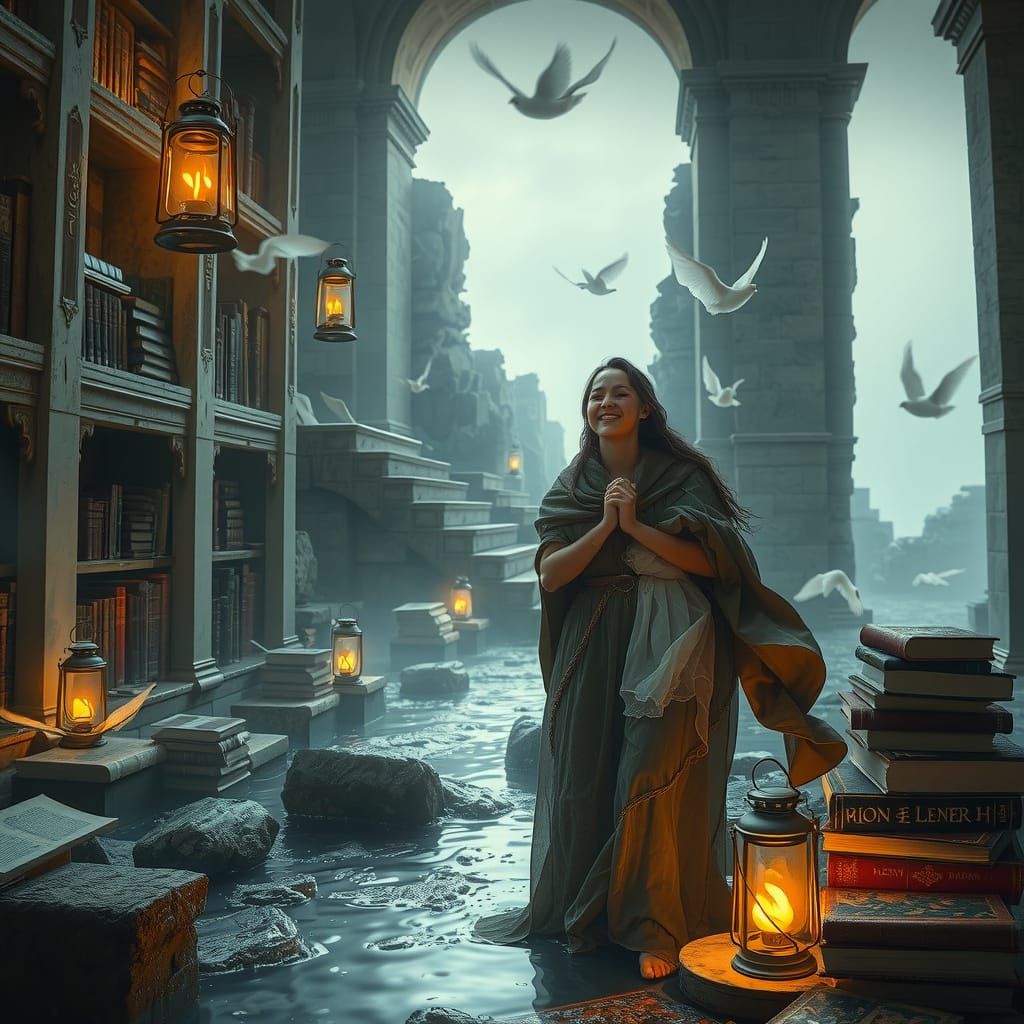 Women Seek Shelter in Flooded Ruins