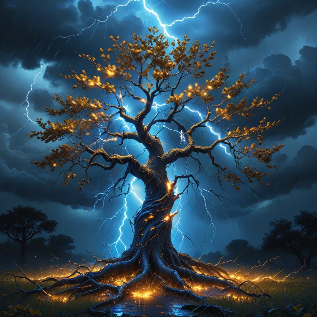 Tree of Life in Lightning Storm: Surreal Oil Painting