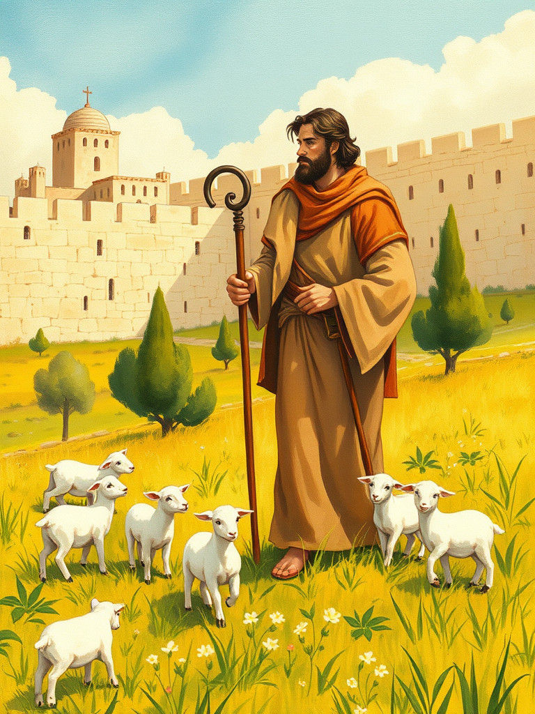 Shepherd and Lambs in Jerusalem: Storybook Illustration