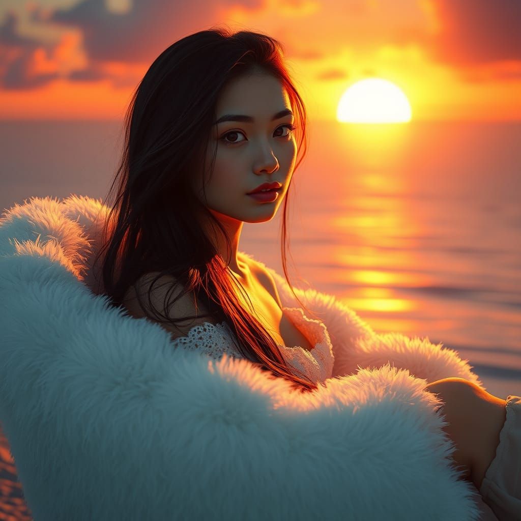 Mysterious Woman Basks in Sunset Ocean Glow