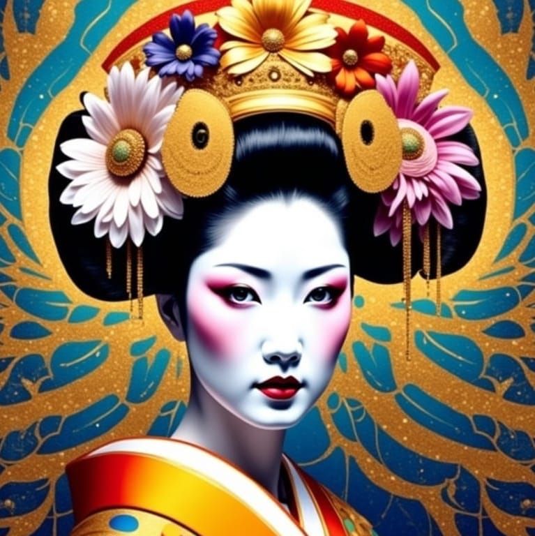 Geisha with Flower Crown in Neo-Impressionist Style