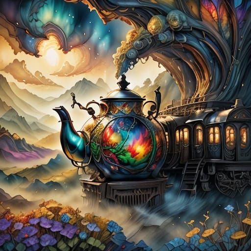 Whimsical Teapot Train Journey in Golden Hour Light