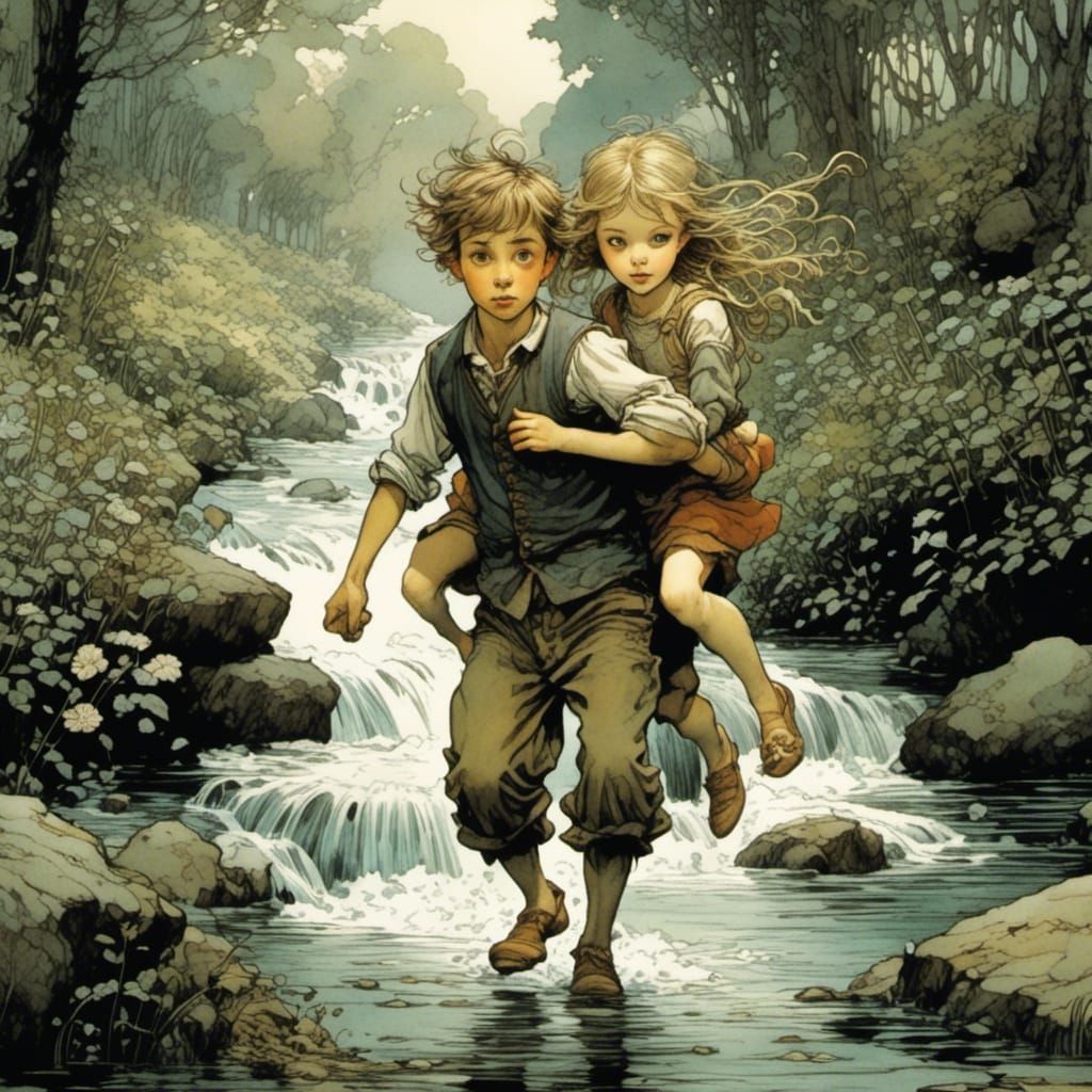 Brother and Sister in Stream, Storybook Illustration
