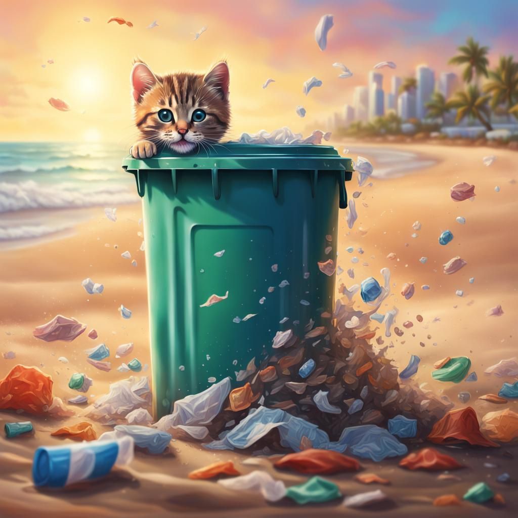 Hyperrealistic Kitten in Beach Trash Can