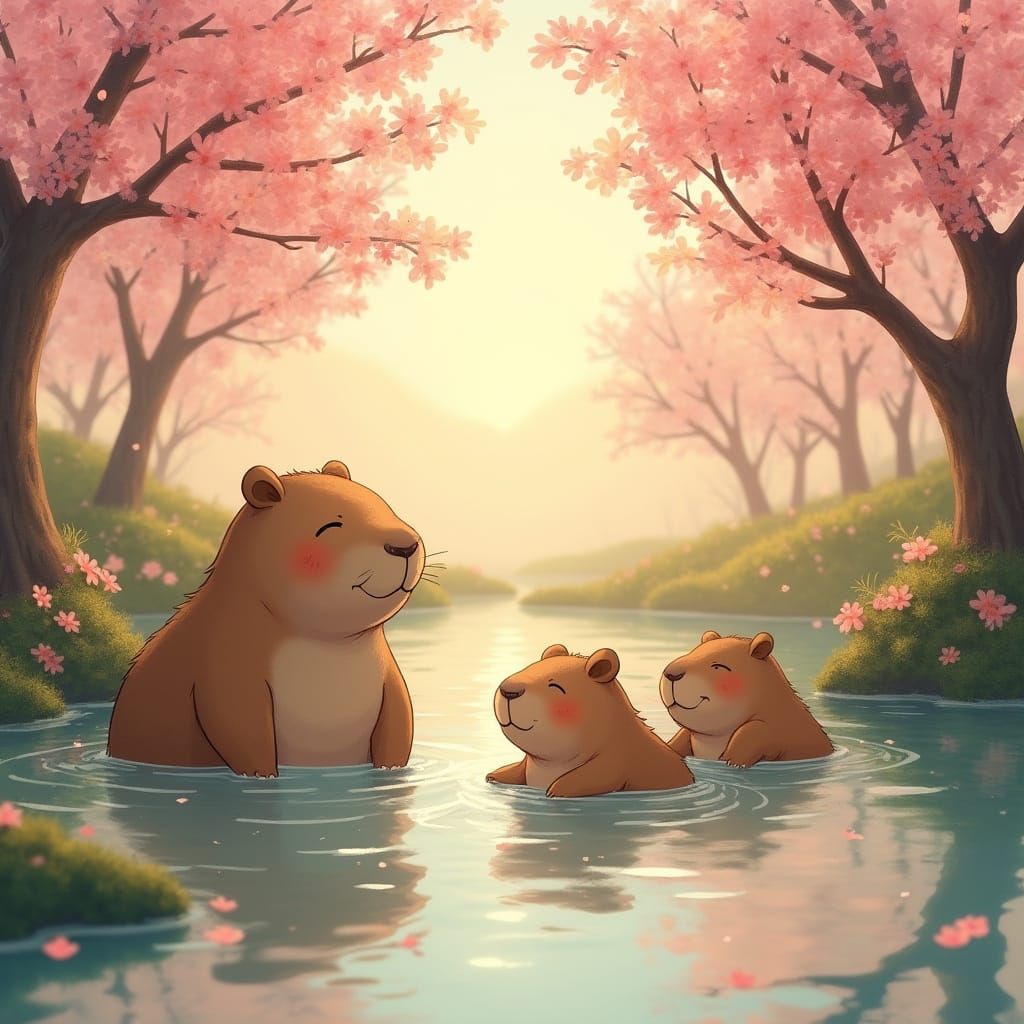 Capybaras Relax in Cherry Blossom Paradise