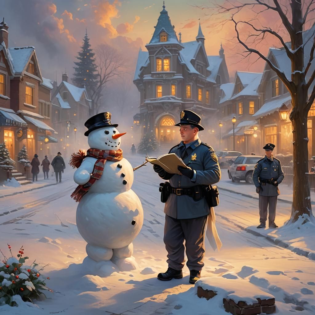 Snowman and Policeman in Ethereal Fantasy Landscape