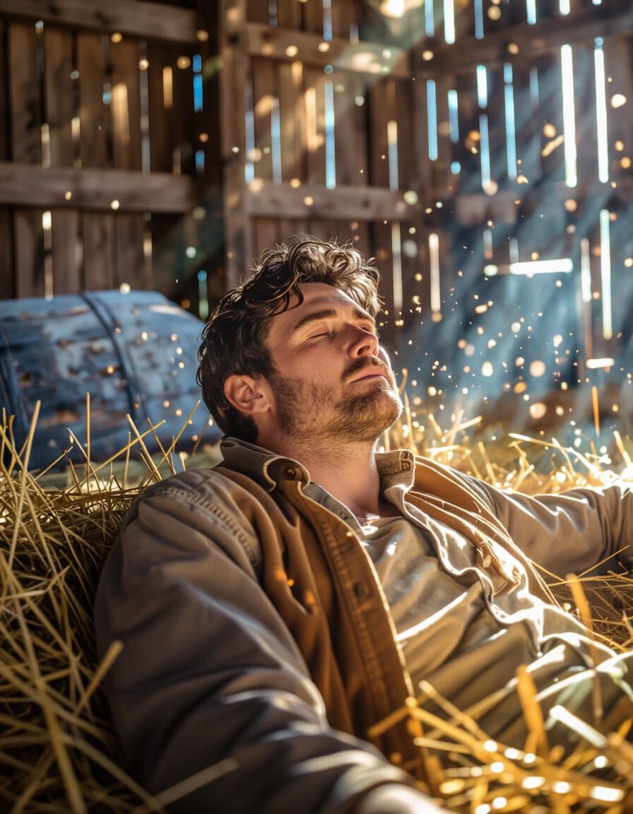 Man Resting in Sunlit Rustic Barn
