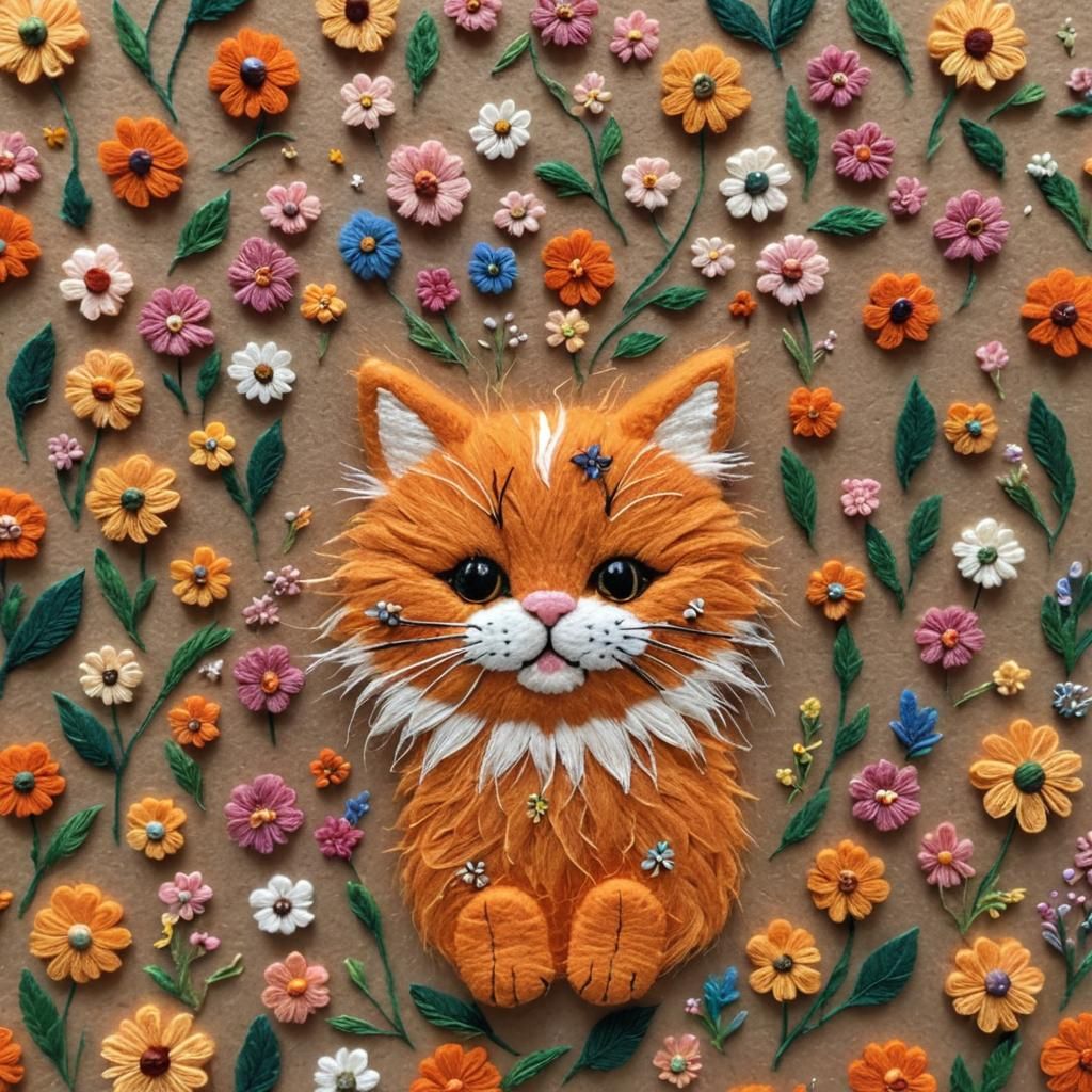 Fluffy Orange Felt Cat with Embroidered Flowers