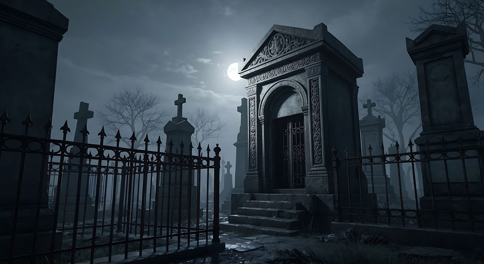 Gothic Mausoleum in Cemetery at Midnight in 8K