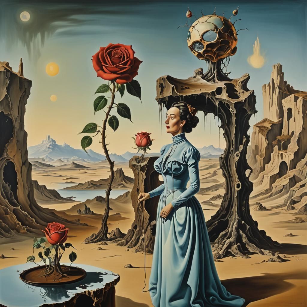 Salvador Dalí surrealist landscape with a woman with a rose head with furniture body