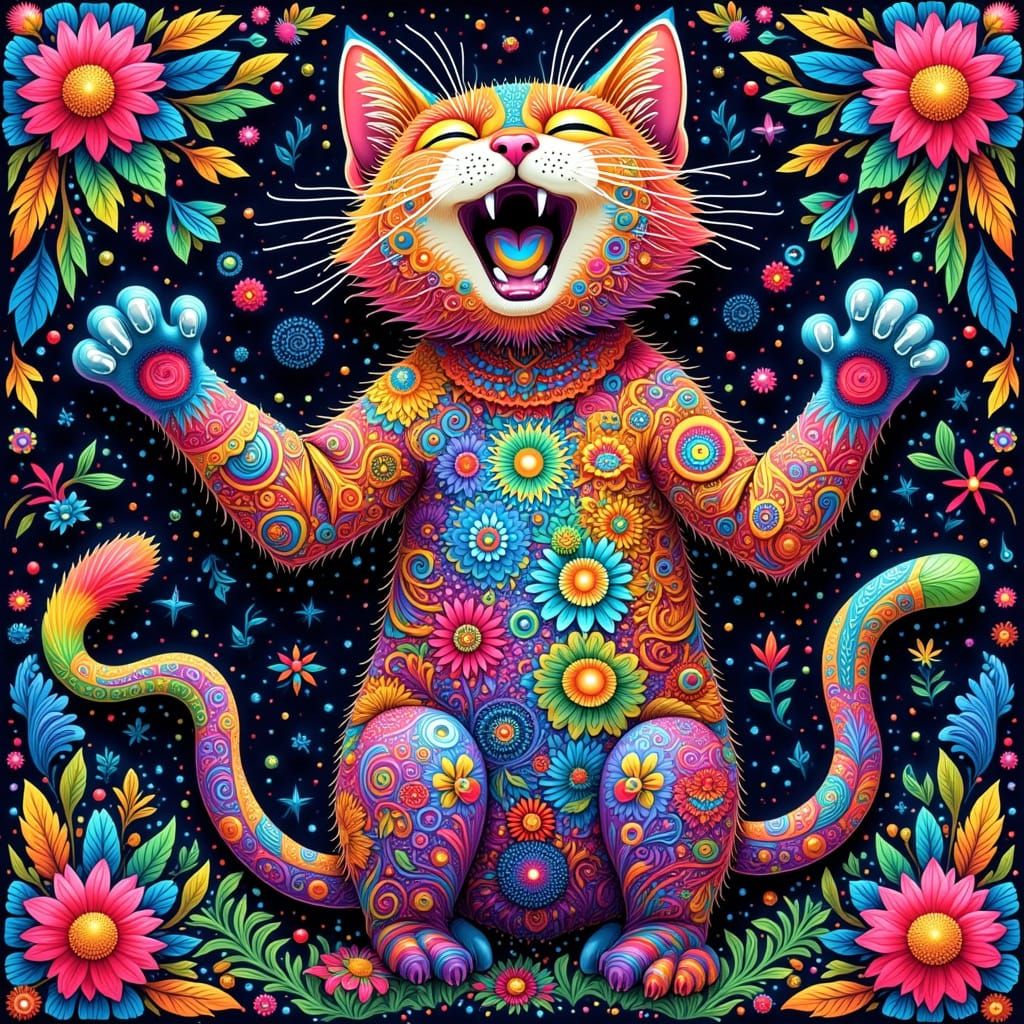 Psychedelic Cat Yawning with Mandala Flowers