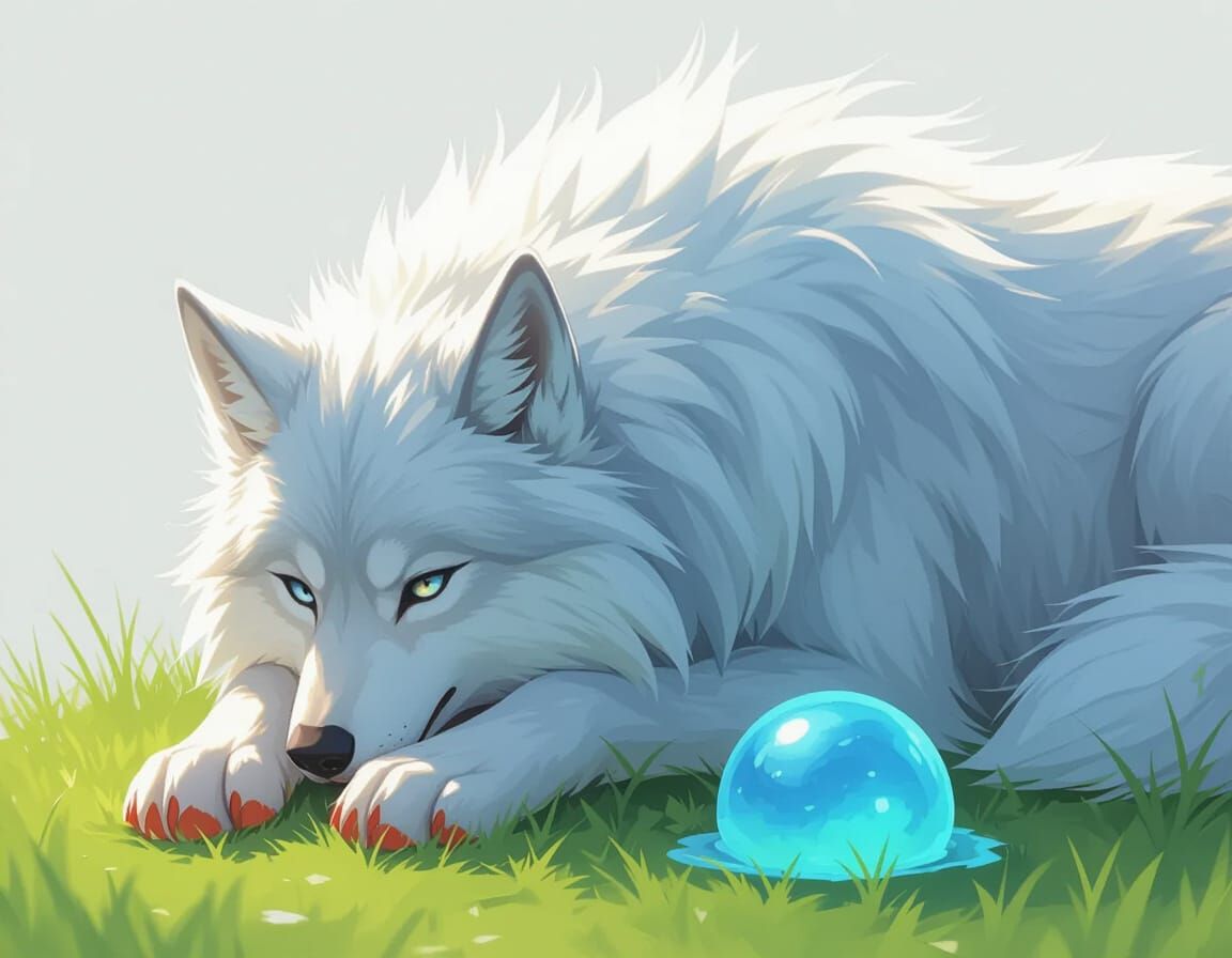 Ethereal Blue Fur Creature Rests on Grass Oil Painting