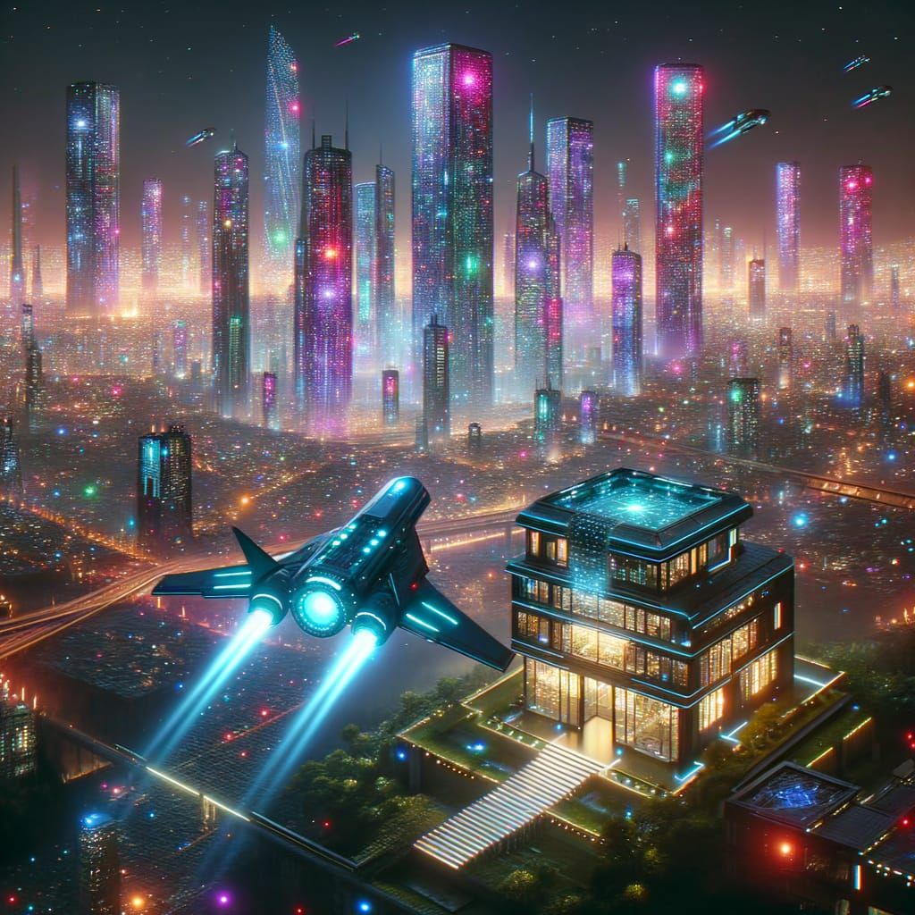 Cyberpunk Spaceship Landing in Neon City