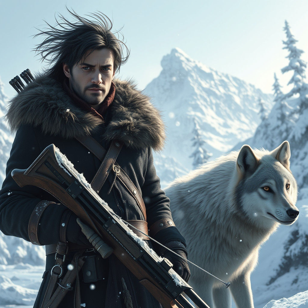 Hunter and Wolves in Frozen Wilderness