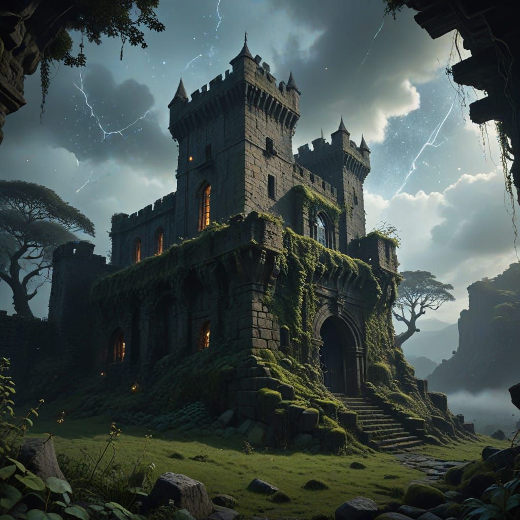 Ancient Castle Silhouetted Against Otherworldly Constellatio...