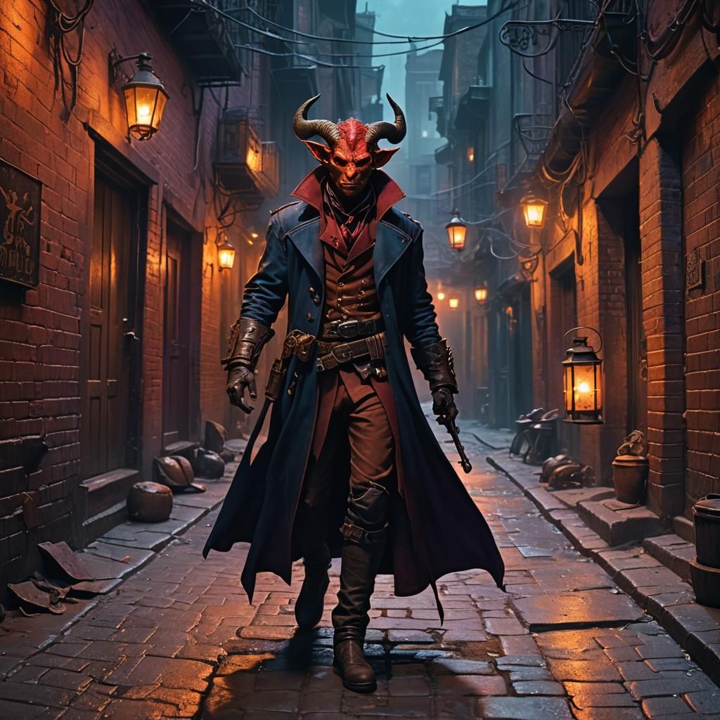 Red Tiefling Gunslinger in Mystical Alleyway, Fantasy Art
