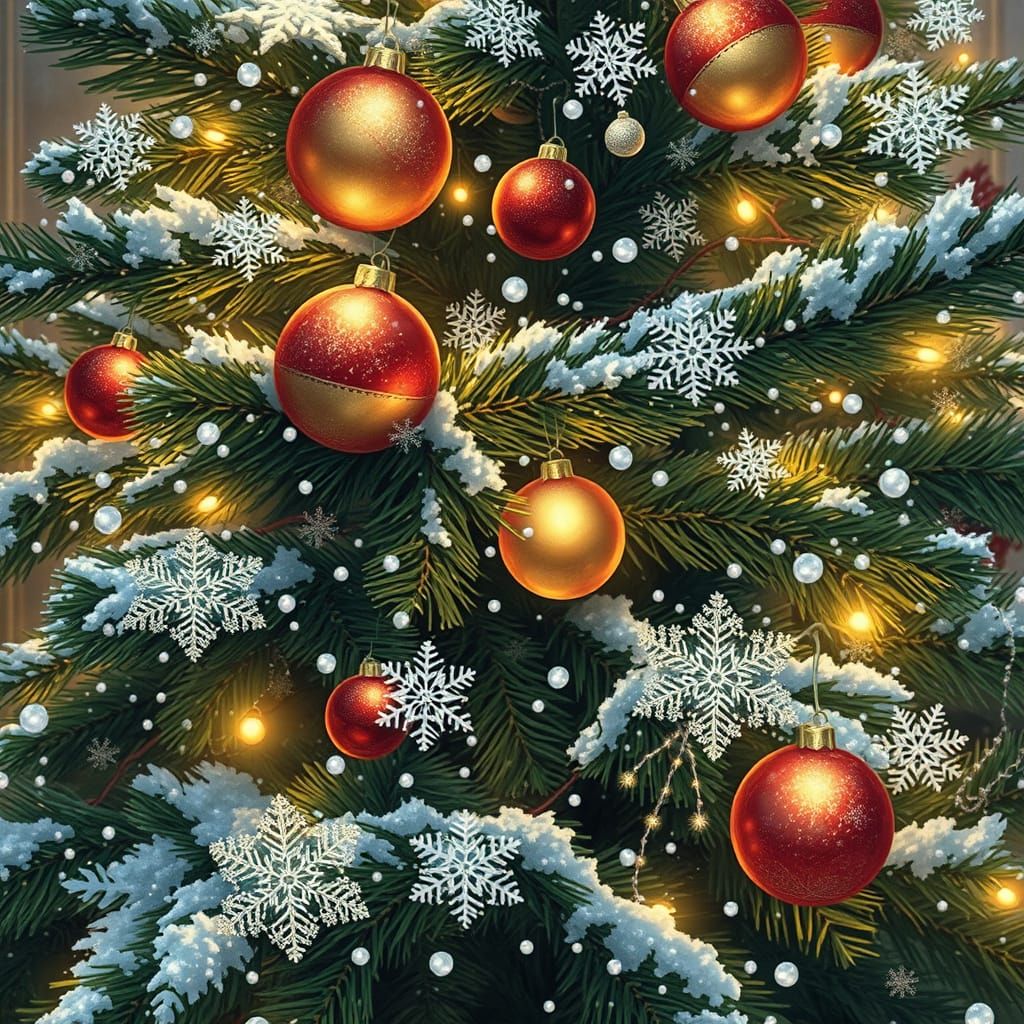 Snow-Covered Christmas Tree With Twinkling Lights