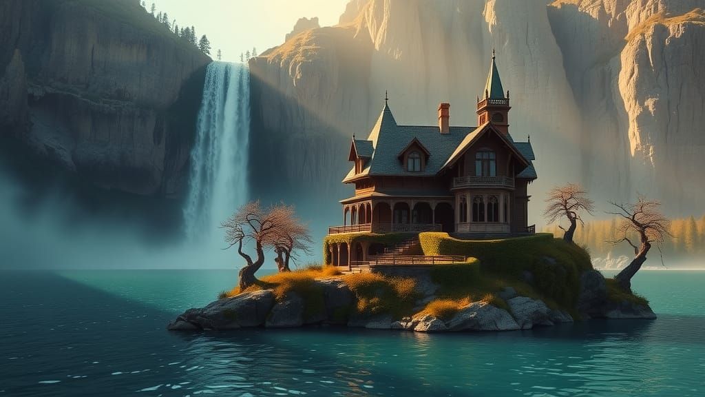 Lakeside Mansion with Waterfall in Atmospheric Landscape