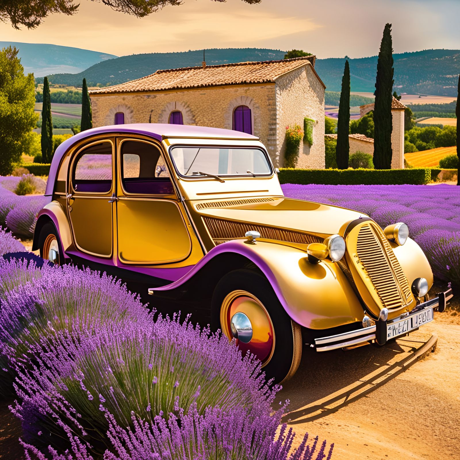 Golden car in lavender