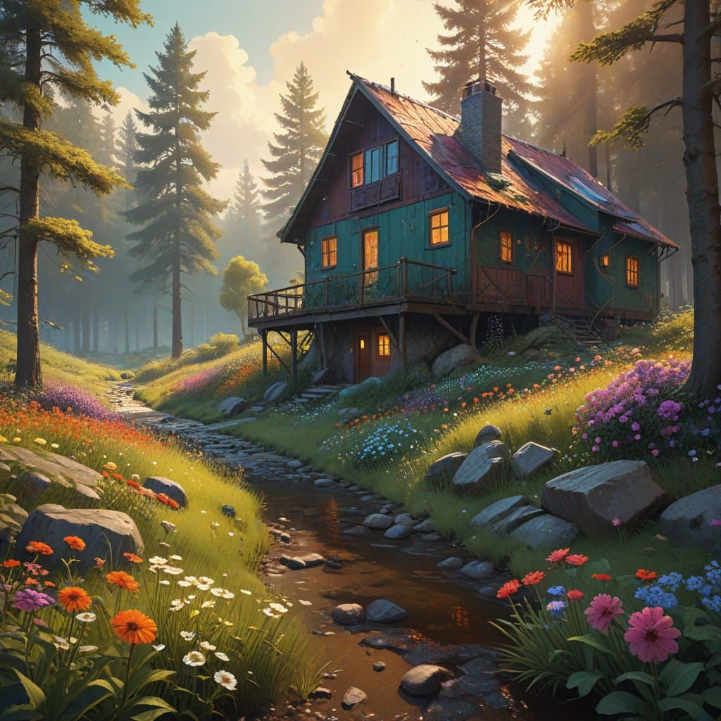 Digital Watercolor Sunset Springscape in Opulent, Pastel Hue...