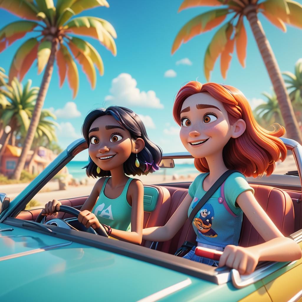 Road Trip Fun: Girls in Car, 3D Digital Art