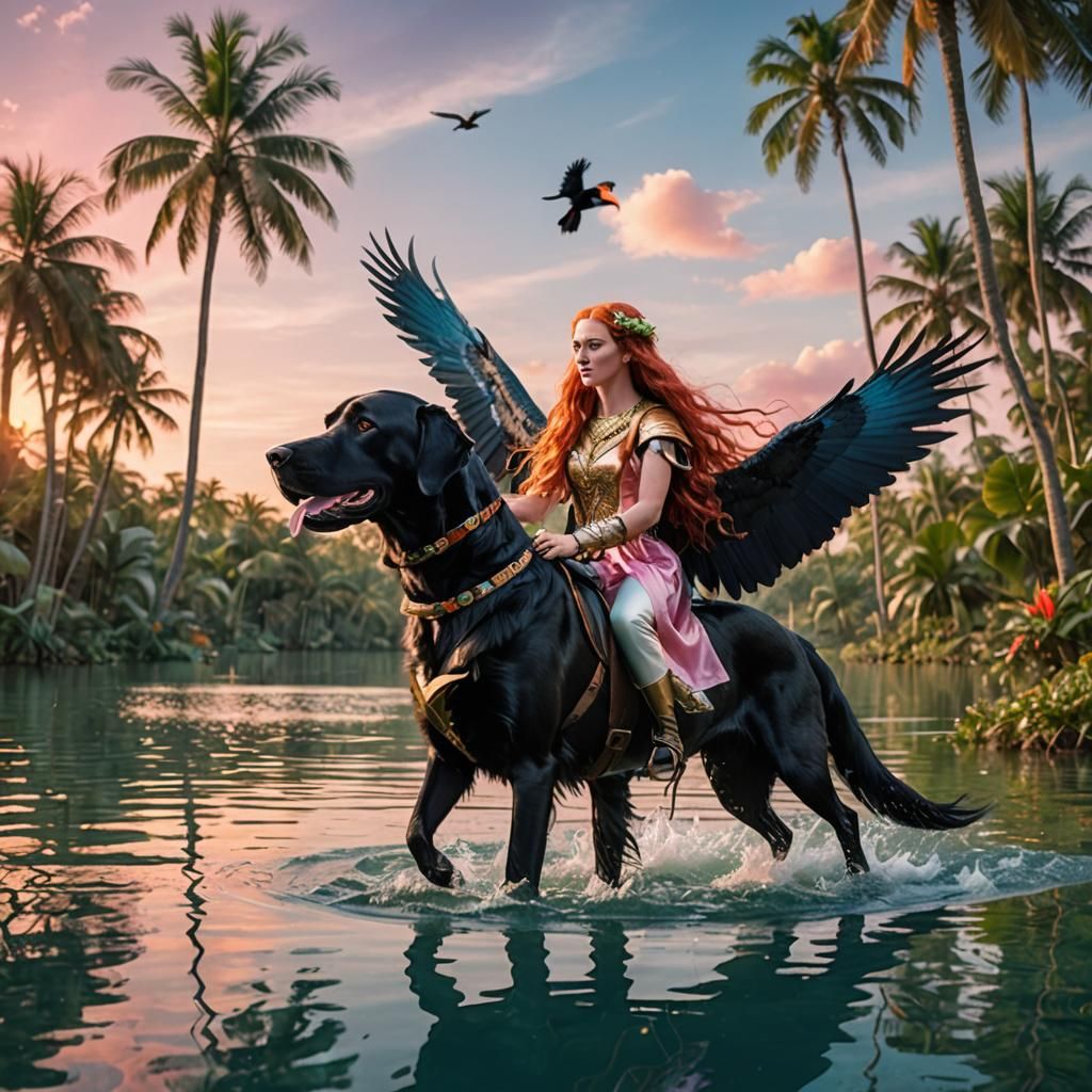 Elf Woman Riding Winged Labrador in Tropical Landscape